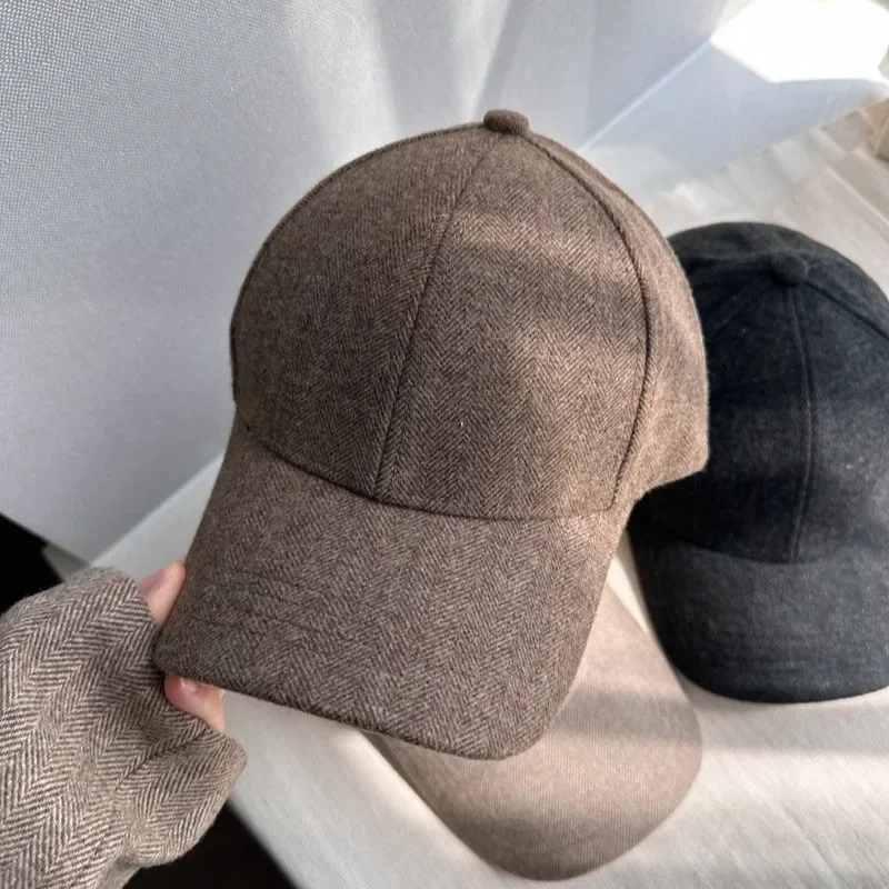 Unisex Winter Herringbone Wool Structured Baseball Cap Slim Face Thick Hat