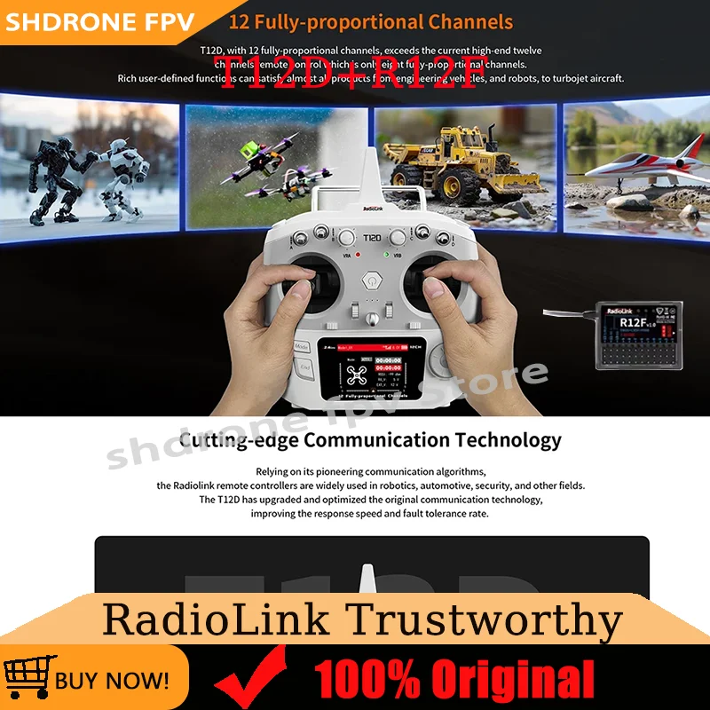 

RadioLink T12D RC Transmitter 12CH 2.4GHz -104dBm Reception Sensitivity with R12F Receiver for FPV Drone Fixed Wing Car Boat