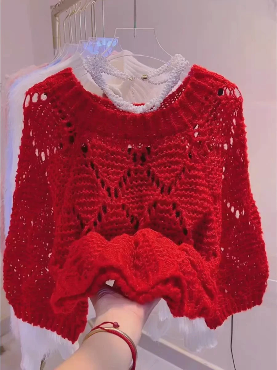 

Ladies Casual Loose Knitted Red Overhead Sweater Hollow out Design Spring Autumn Winter Warm Faionable round Ne Top
