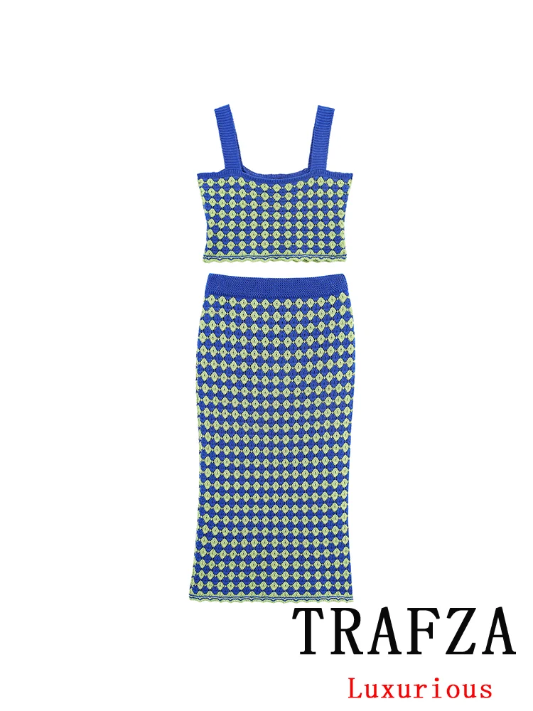 

TRAFZA Vibrant Chic Women Knit Set Diamond Pattern Sleeveless Crop Top Sheath Midi Skirt 2025 Summer Fashion Beach Vacation Set