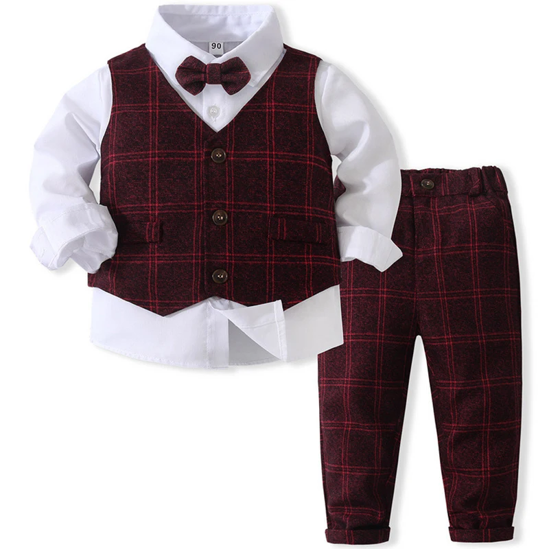 Spring Fall Toddler Boy Clothes Set Korean Fashion Plaid Gentleman Baby Tops+Vest+Pants+Tie Children Boutique Clothing BC1049-1