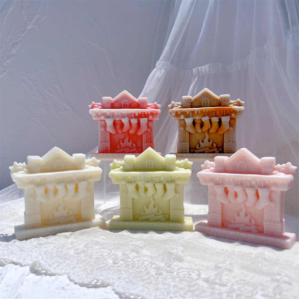 

Christmas Fireplace Shape Silicone Mold Mantel With Socks Candle Mould Winter Holiday Ornament Xmas Indoor Decor Family Gift