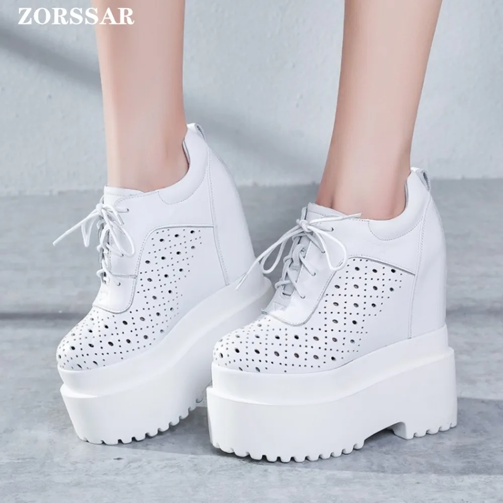 16cm Genuine Leather Platform Hidden Wedge Pumps Chunky Sneaker White Casual Shoes Comfortable Breathable Spring Autumn Shoes