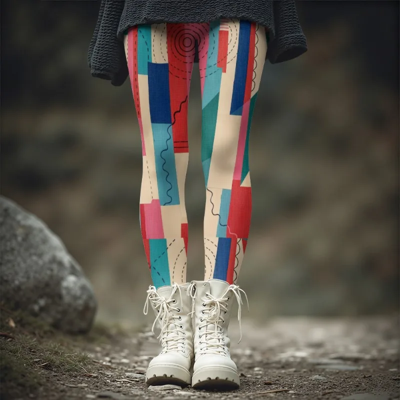 

Bold Stripe Pattern Thermal Leggings for Women Retro Pop Style Leggings Sexy Girls Thick Tights for Winter & Fall Plus Size