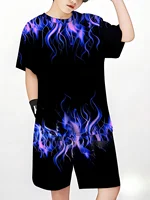 Summer Outfit Blue Flame Print Short Sleeve T-Shirt + Shorts Set Black Casual Sportswear Kids Streetwear Tracksuit 3