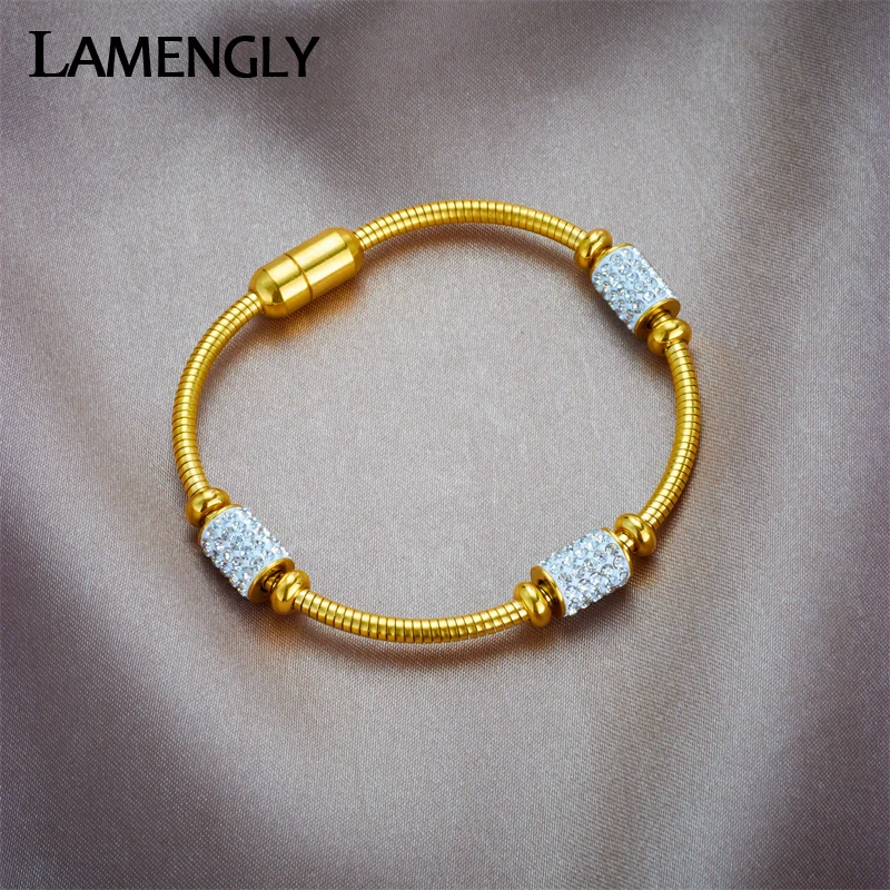 

LAMENGLY 316L Stainless Steel Full Zircon Bangles Bracelet For Women Girl New Fashion Magnetic Chain Waterproof Jewelry Gifts