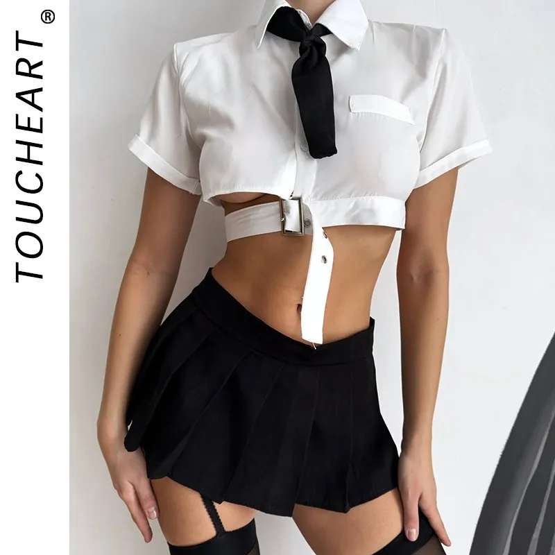 

Toucheart Erotic JK Student Uniform Sexy Show Your Waist Hollow Out Pure Desire Women Romantic Seductive Charming Uniform Set