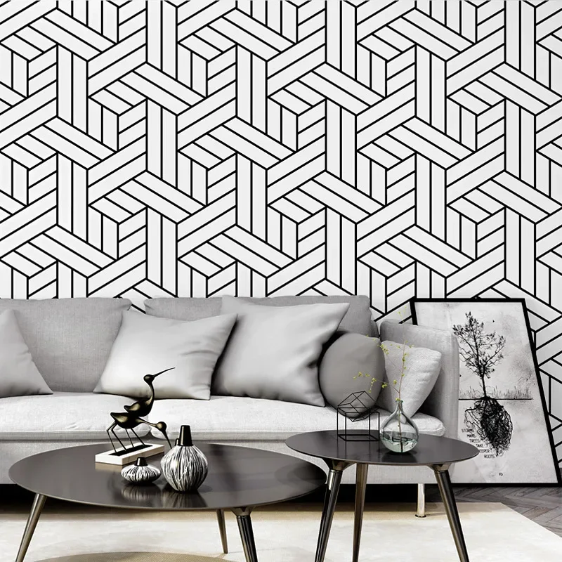 Nordic style wallpaper ins TV background black and white grid geometric bedroom living room modern simple web celebrity wallpape