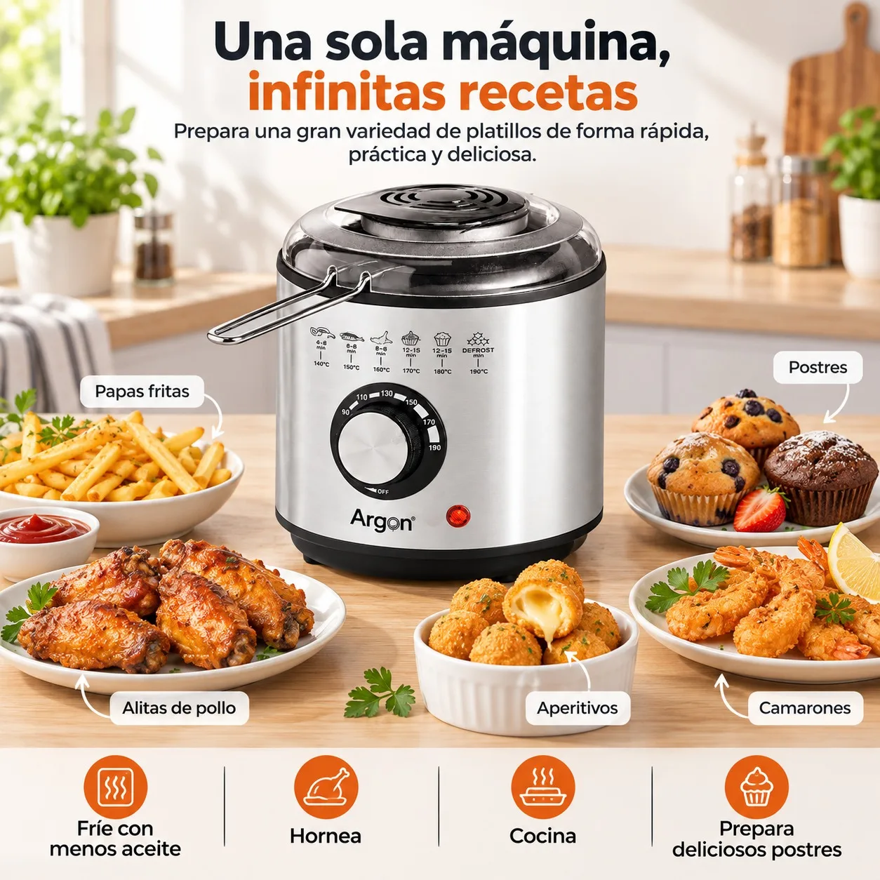 Argon – kompaktowa frytkownica na gorące powietrze o pojemności 1 l i mocy 950 W, wykonana ze stali nierdzewnej, z regulacją temperatury od 140 do 190 stopni Celsjusza. ° C i minutnik 180-minutowy