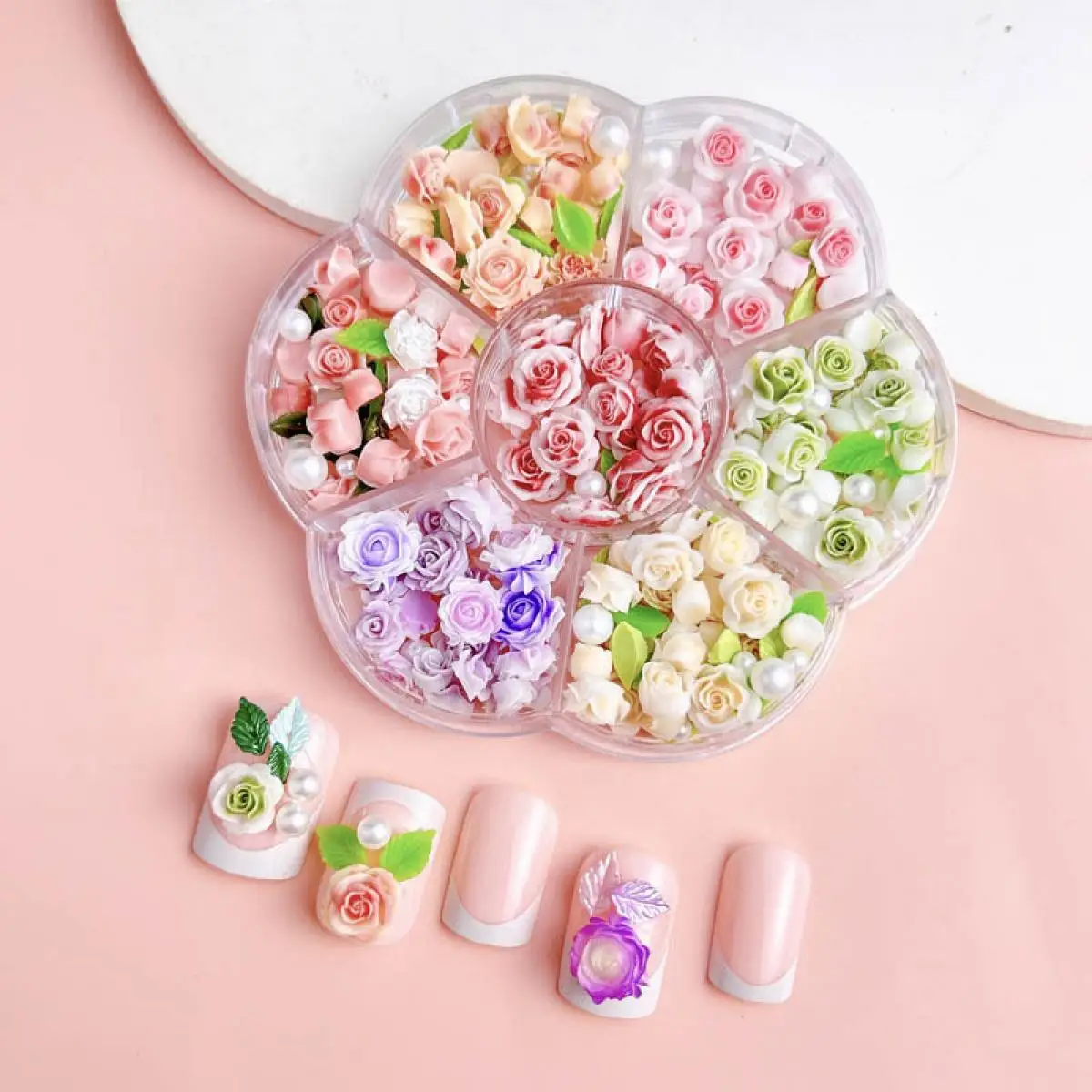 1Box Resin Colorful Fresh Flower Leaf Nail Charms 3D Simulated Pearl Gradient Rose Nail Art Decoration Supplies for DIY Crafts