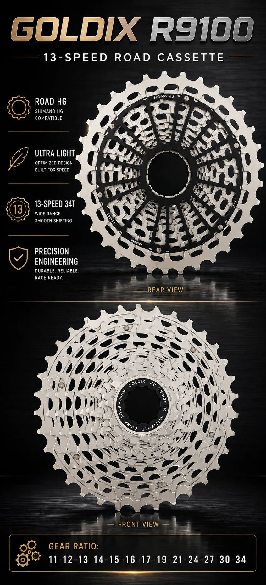 GOLDIX R9100 13-Gang Rennrad-Kassette 11-34T Ultraleicht 210g CNC Einteiliges Stahl-Schwingrad HG Freilauf für Rennrad und Gravel – Detail 4