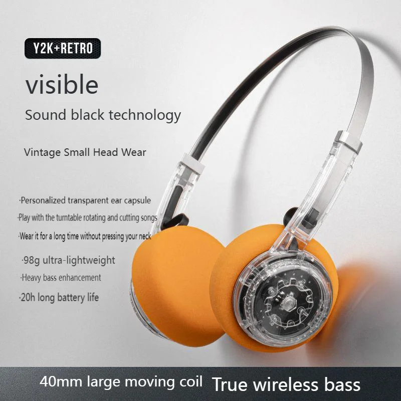 

Retro Transparent Headband Bluetooth Headset Rotate To Adjust Volume Switch Songs Wireless Bluetooth 6.0 Headphone HIFI Earphone