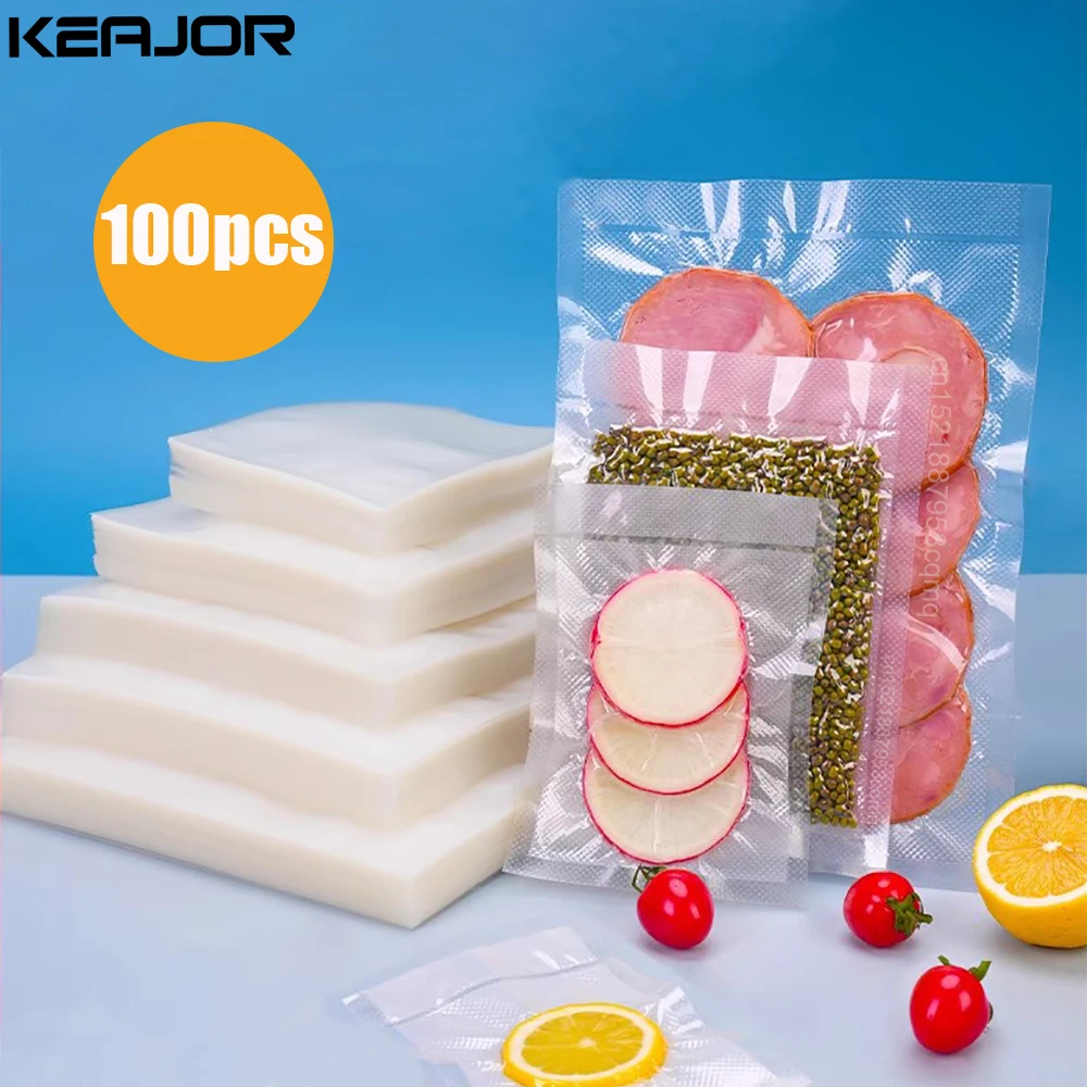 Sacos de Embalagem a Vácuo para Alimentos, Armazenamento de Alimentos, Máquina Seladora a Vácuo, Manutenção Longa Fresca, Sacos Vazios, 100Pcs