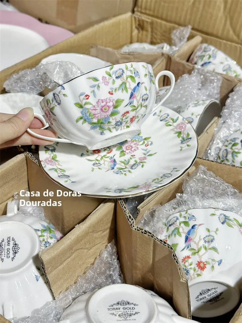 レトロな宮廷風鳥と花柄両耳ボウルプレート、ヨーロッパデザインの朝食カップ、デザートボウルプレートセット、手作りのボーンチャイナ