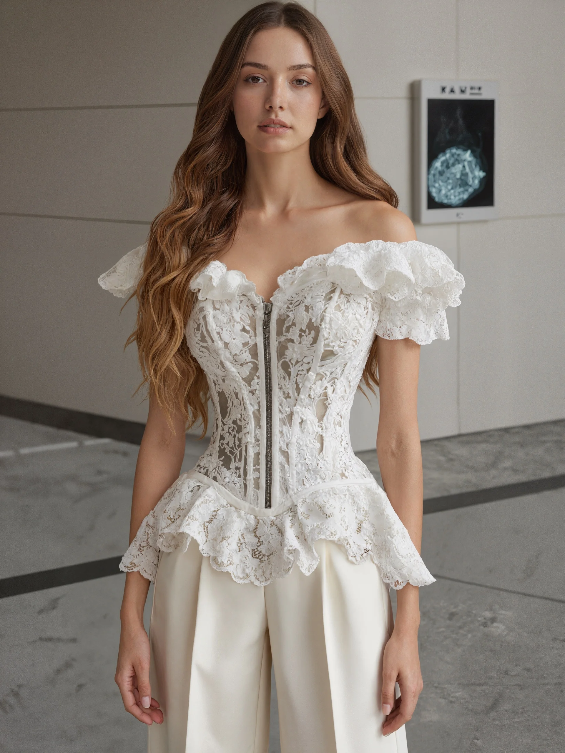 Chemise moulante en dentelle blanche pour femmes, épaules dénudées, manches à volants, coupe cintrée, ourlet à volants, Corset, haut court pour fête, Club, tenue de soirée