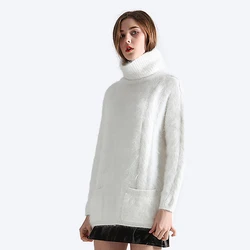BAHTLEE-Women's Mink Cashmere Turtleneck Sweater, Angora Pullovers, Knitting Pockets, Long Sleeves, Keep Warm, Loose, Winter