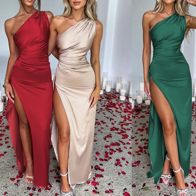 

Autumn and Winter New Women's Sleeveless Slim Strap Stacked Collar Bridesmaid Dress Open Back Slim Fit Wrap Hip Sexy Dress Gifts