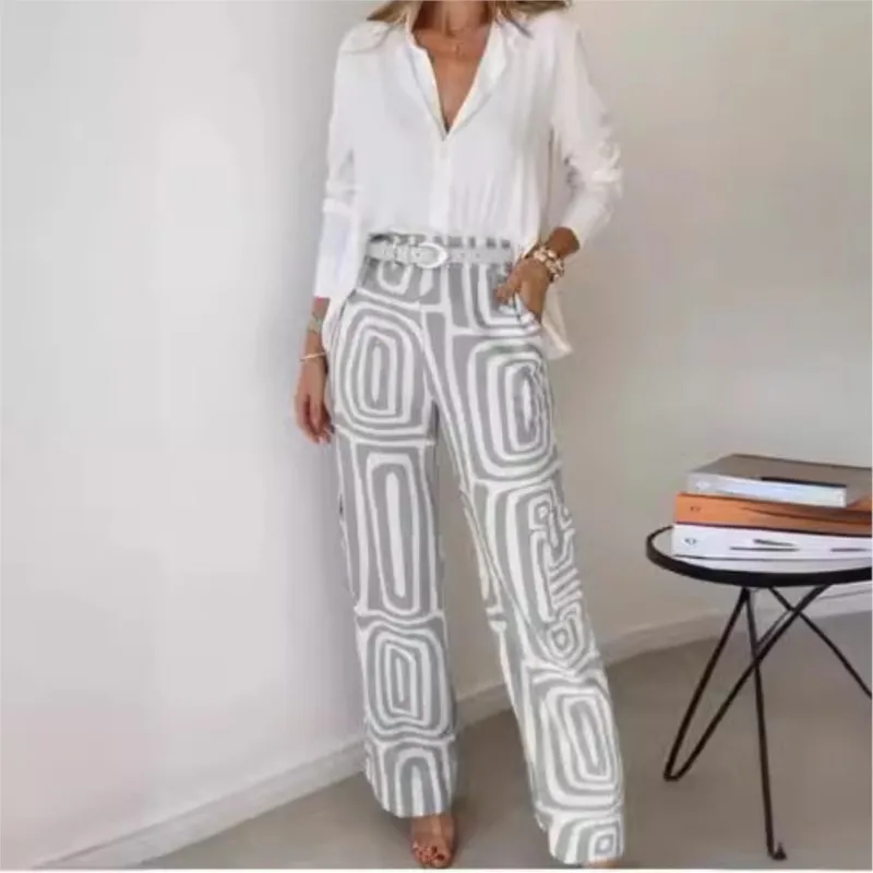 Casual Women\'s Suit 2024 Spring And Autumn New Commuter Print Elegant Temperament Shirt Loose Pants Two-piece Set