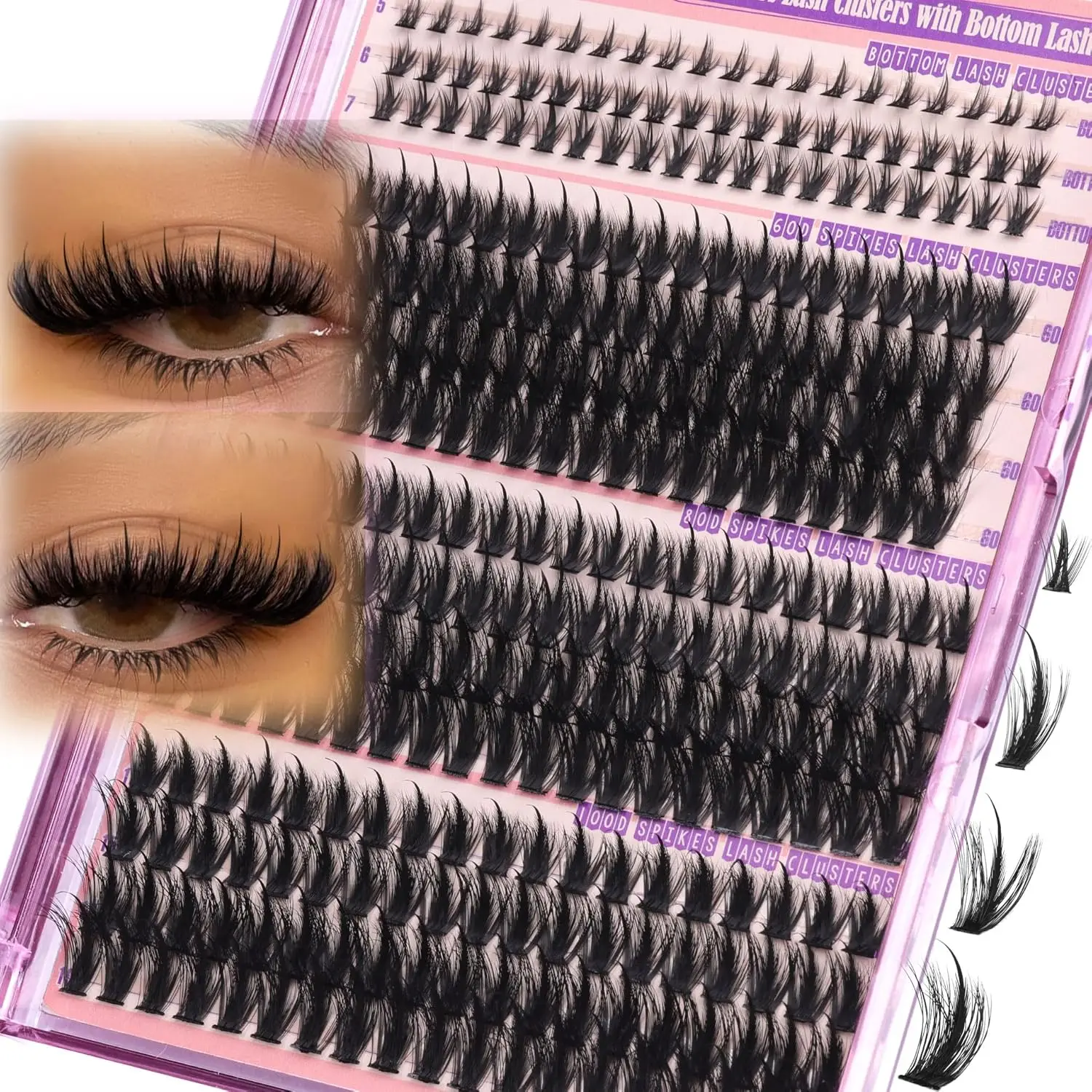 

Spiky Lash Clusters 60D 80D 100D Thick Lashes 5-19mm DIY D Curly with Bottom Lashes 296Pcs