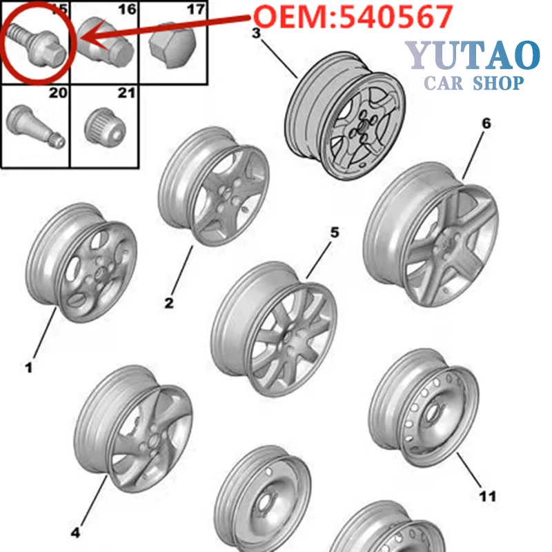 17mm HEX Wheel Nuts Bolts wheel bolts wheel hub screws 540567 Fit For Peugeot 206 207 307 308 406 407 607 Partner Citroen C23456