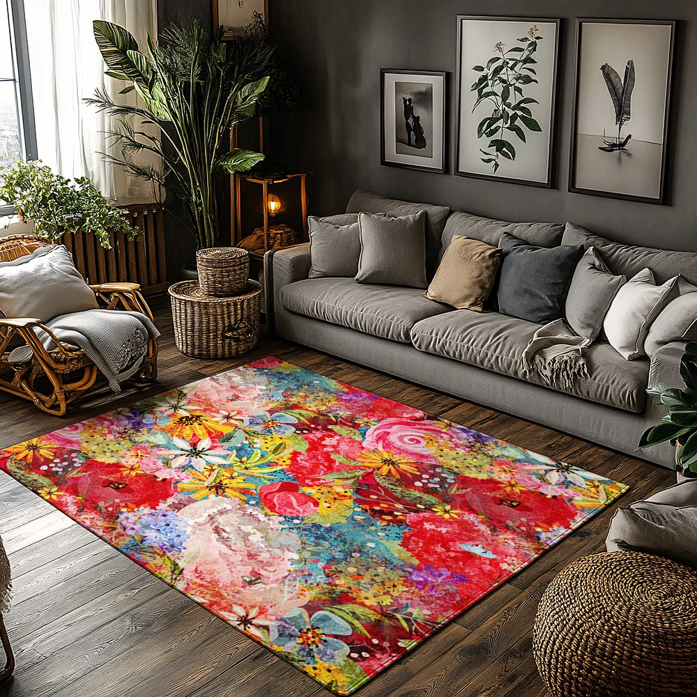

Винтажный ковер с цветочным принтом в помещении и на открытом воздухе, моющийся нескользящий богемный ковер, декор для гостиной, коврик для фермерского дома
