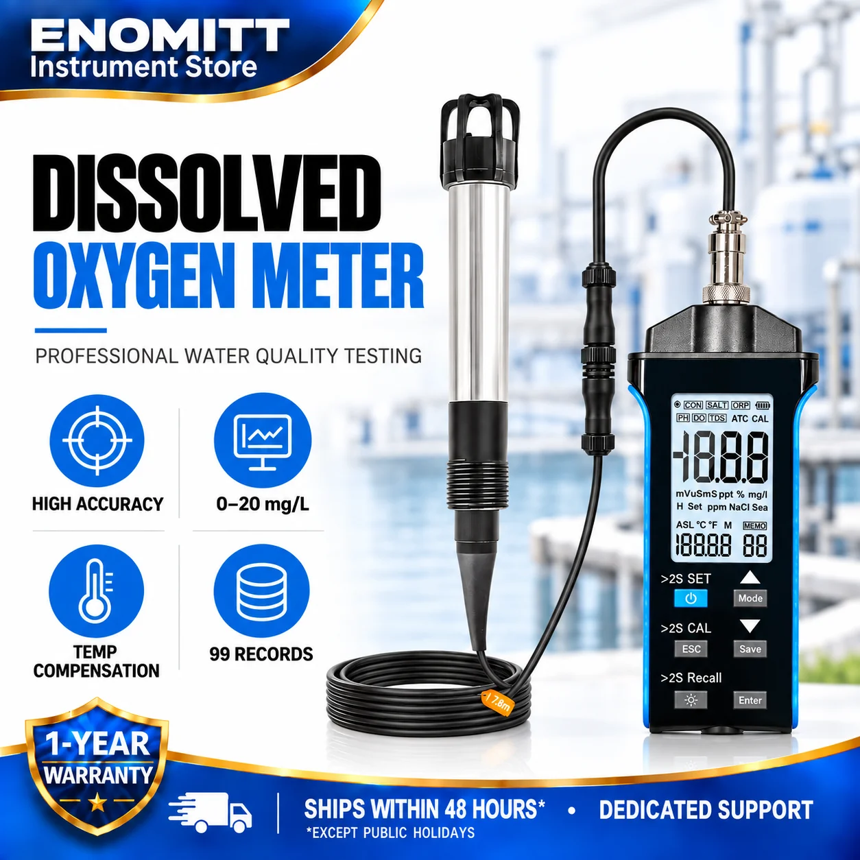 Digital Dissolved Oxygen Meter Optical DO Tester for Water Quality Aquaculture IP67 Waterproof Temperature Compensation