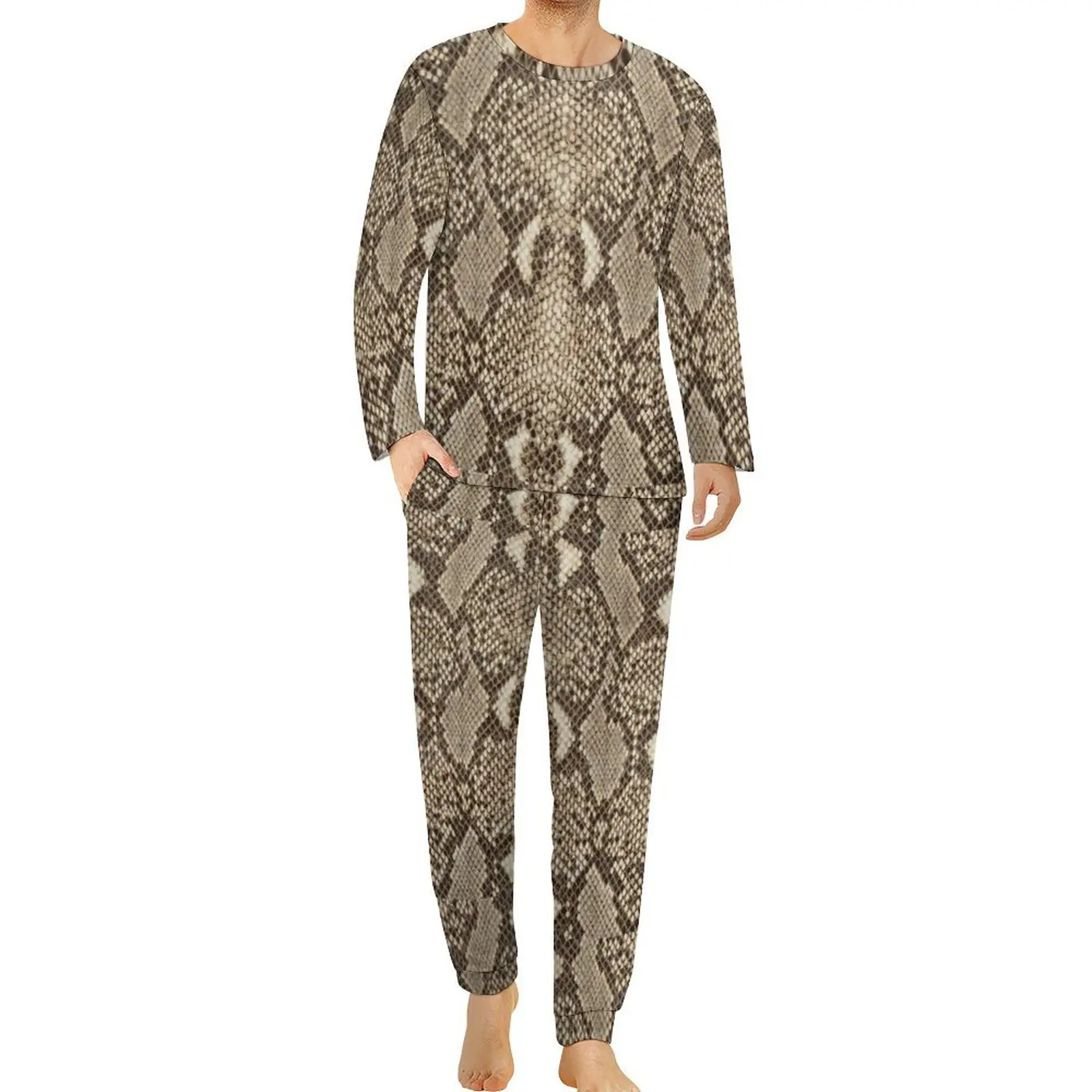 Brown Snakeskin Pajamas Mens Animal Skin Print Lovely Home Suit Daily Long-Sleeve 2 Piece Room Pattern Pajama Sets 3XL 4XL 5XL