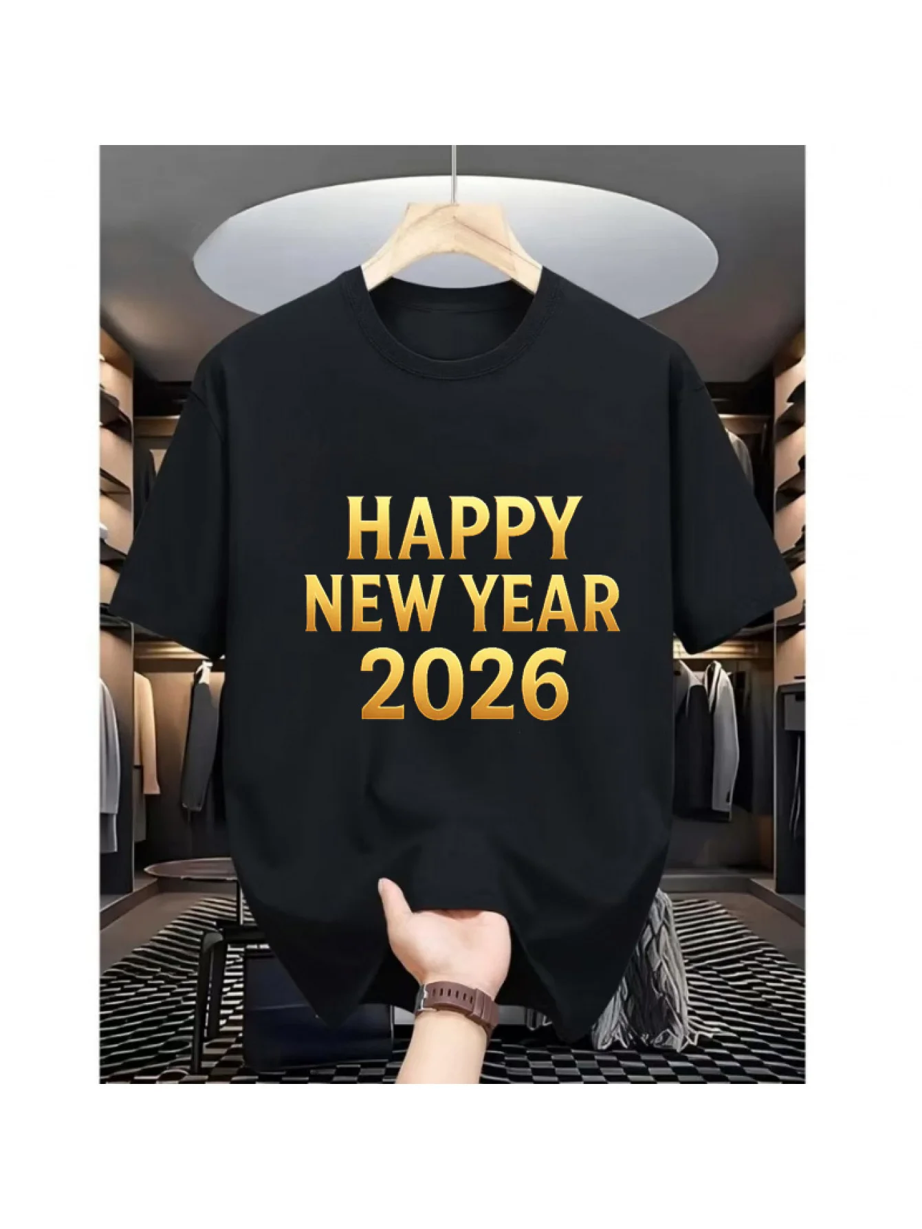 

Happy New Year 2026 Graphic Tee Men's Casual Cotton Short Sleeve T-Shirt Round Neck Breathable Holiday Print Tee