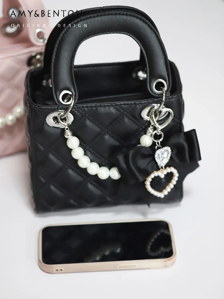 Japanese Mine Mass-Produced Handmade Bag Sweet Bow Heart Rhinestone Pearl Pendant Cute Bags for Women Lolita Handbag Mini Bag