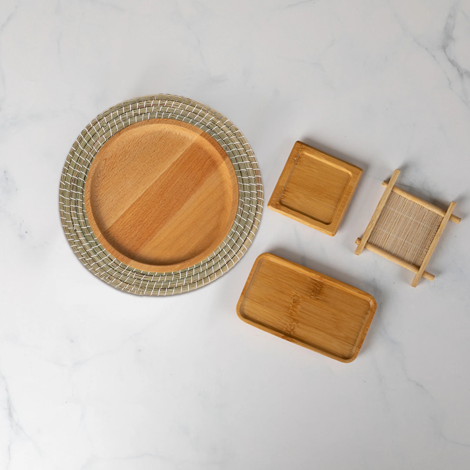 

3Pcs Restaurant Household Placemat Set Japanese Style Natural Bulrush Handwoven Woven Plate Mat Heat Resistant Dining Table