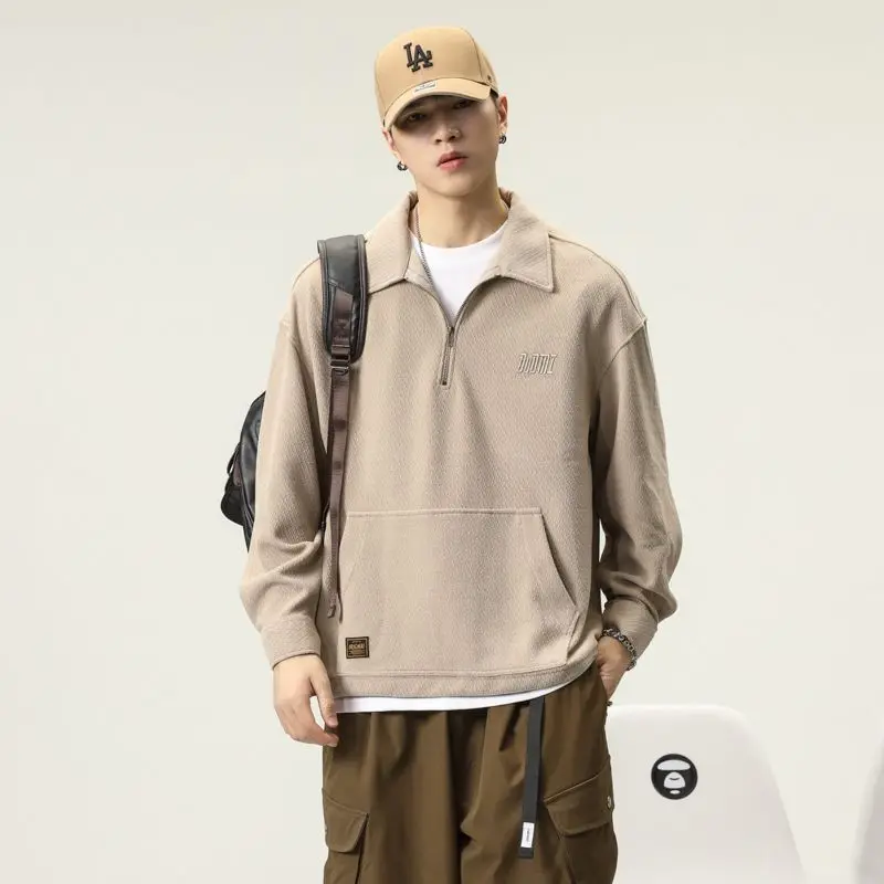 Men's Vintage Heavyweight Long Sleeve Polo Shirt Loose Fit Collar Sweatshirt Plus Size Casual Fall Tops