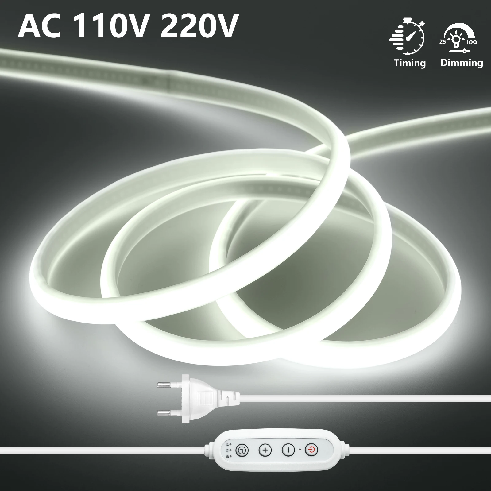 

Светодиодная лента COB переменного тока 110 В 220 В с регулируемой яркостью, комплект питания ЕС/США/Великобритании/Австралии, водонепроницаемая, 288 светодиодов/м, теплая натуральная белая гибкая лента для декора