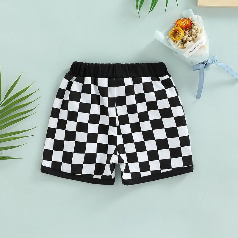 Summer Baby Boys  Checkerboard Print Shorts Elastic Waist Drawstring Casual Pocket Boys Casual Shorts Clothing