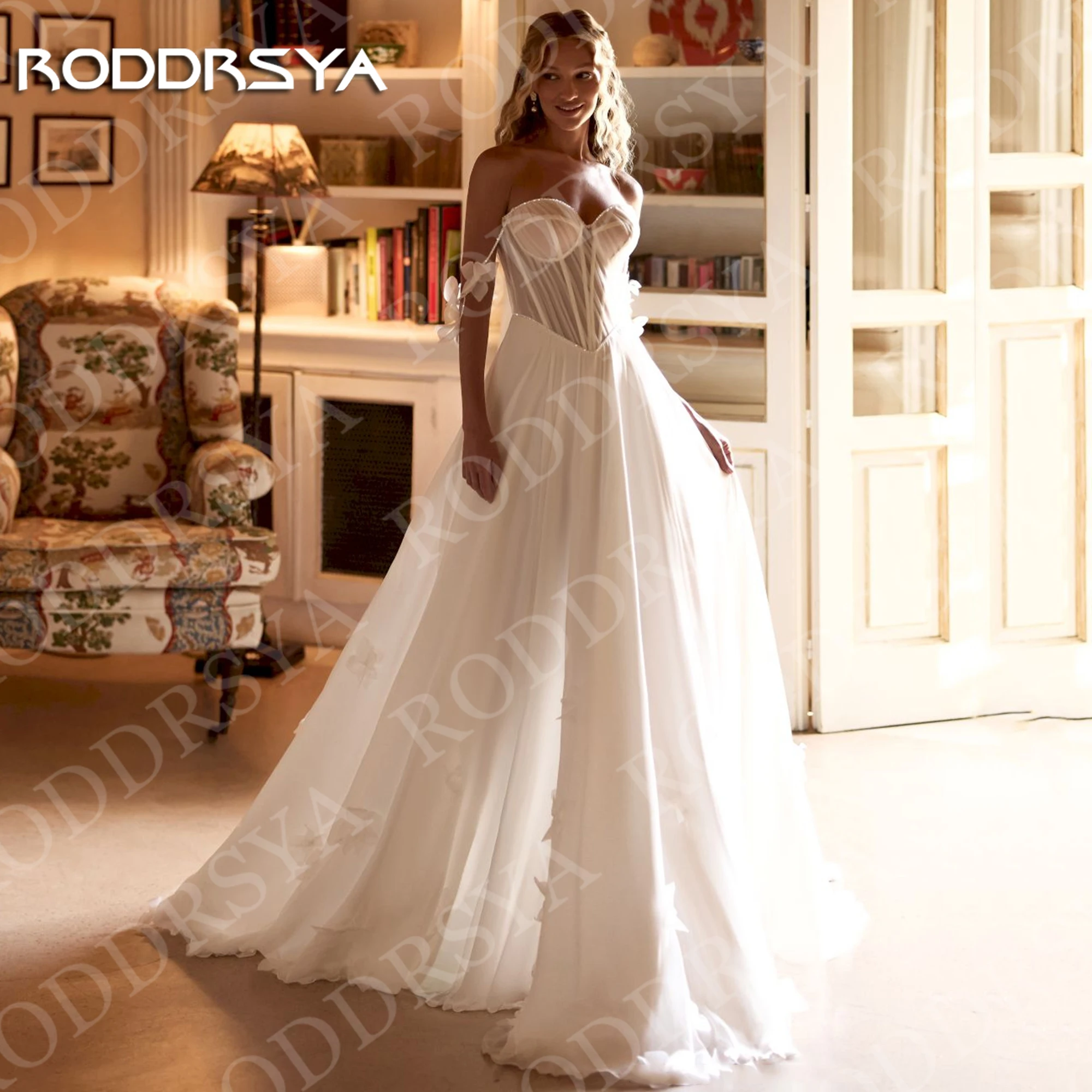RODDRSYA Vestido de noiva de chiffon linha A romântico flores 3D ombro a ombro vestido de noiva boêmio personalizado Uma linha Chiffon vestidos de noiva noiva romântico 3D flores fora do ombro bohêmia vestido de noiva