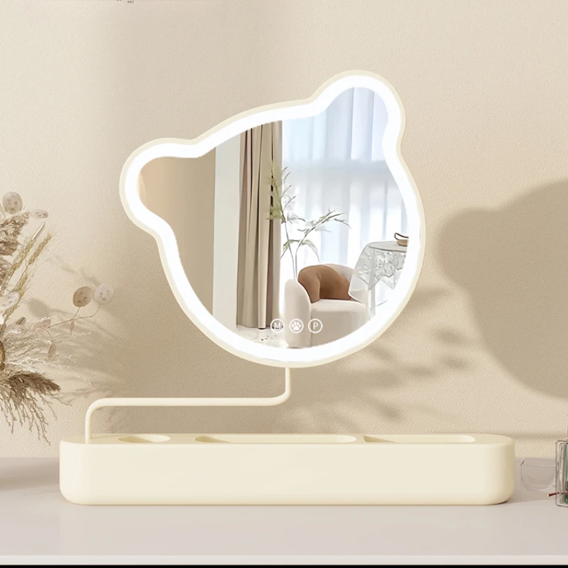 Cream style rotating stretch LED makeup mirror cute crooked neck bear desktop