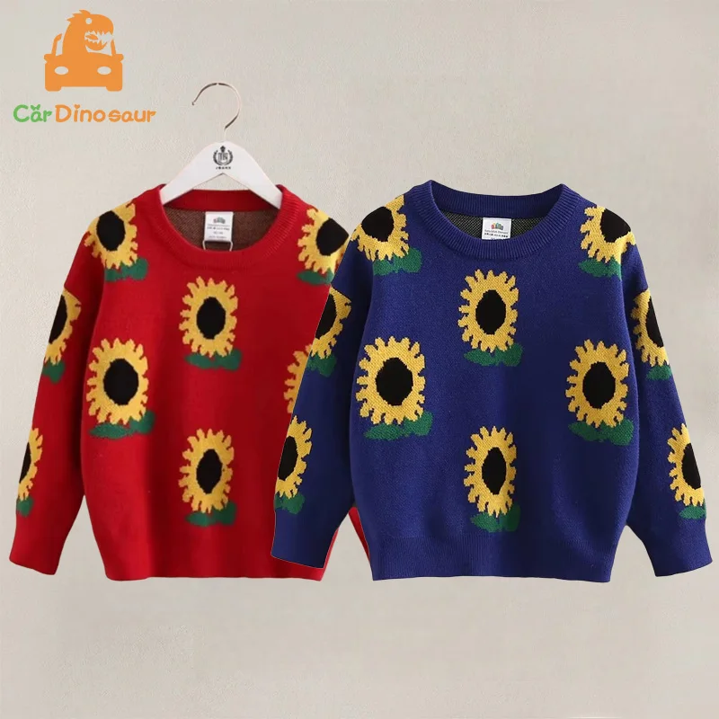 2026 New Autumn Spring Winter Warm 2 3 4 5 6 8 10 Years Baby Children Pullover Flower Print Knitted Thick Sweater For Kids Girls