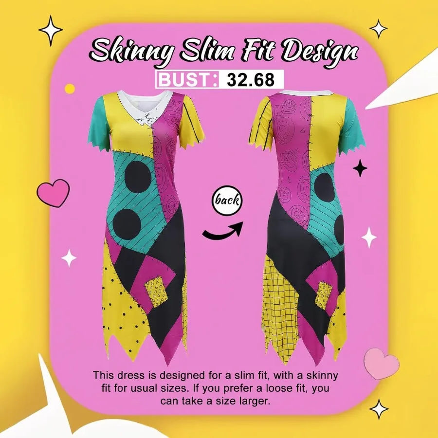 فستان نسائي مرقع بطباعة ثلاثية الأبعاد وأكمام طويلة ورقبة دائرية لحفلات الهالوين التنكرية للبالغين