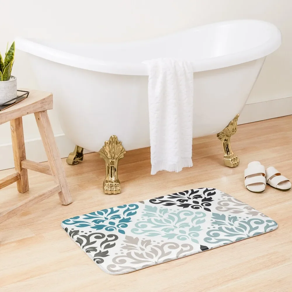 

Scroll Damask Pattern Teals Browns White Bath Mat Bathroom Carpets Carpet For Bathroom Carpet Bathroom Floor Mat