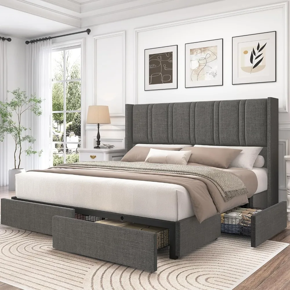 

Upholstered Bed Frame with 4 Storage Drawers and Vertical Channel Tufted Headboard Linen Platform Bed Frame Wingback Bed