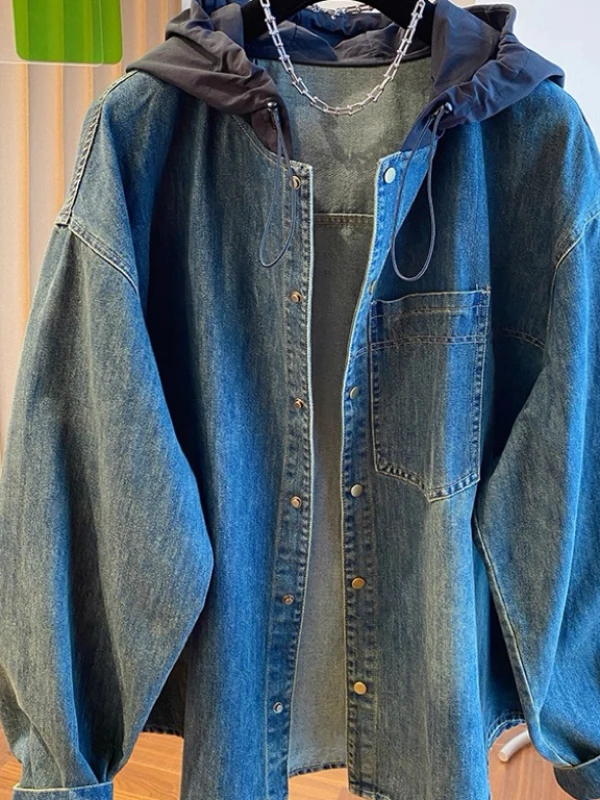 

Loose Women's Denim irt Jaet with Hat Early Autumn New Sle Large Version Casual Comfortable Long Sve Button up Top