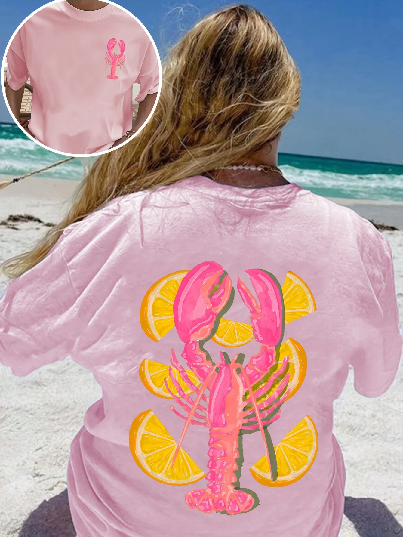 Streetwear Women's 100% Cotton Lobster Lemon Slice Graphic T-Shirt Short Sleeve Summer Top Tee Adies Beach Wear T Shirt