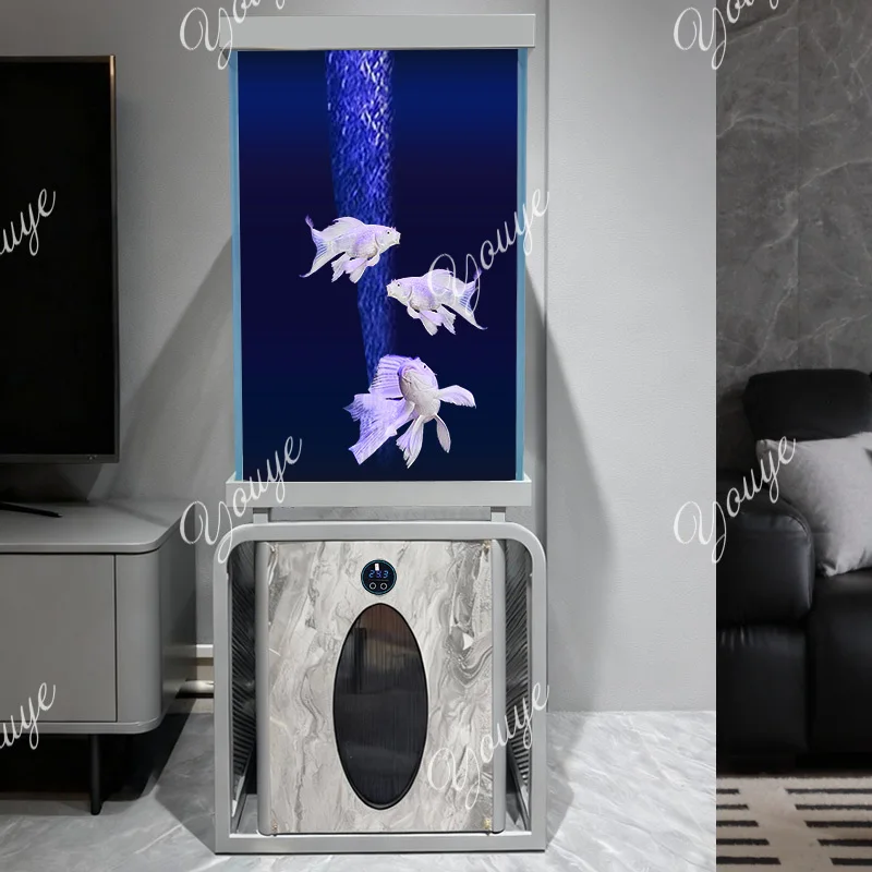 

Ultra-white glass vertical side table living room self-circulating pipeless filtration floor-to-ceiling integrated fish tank