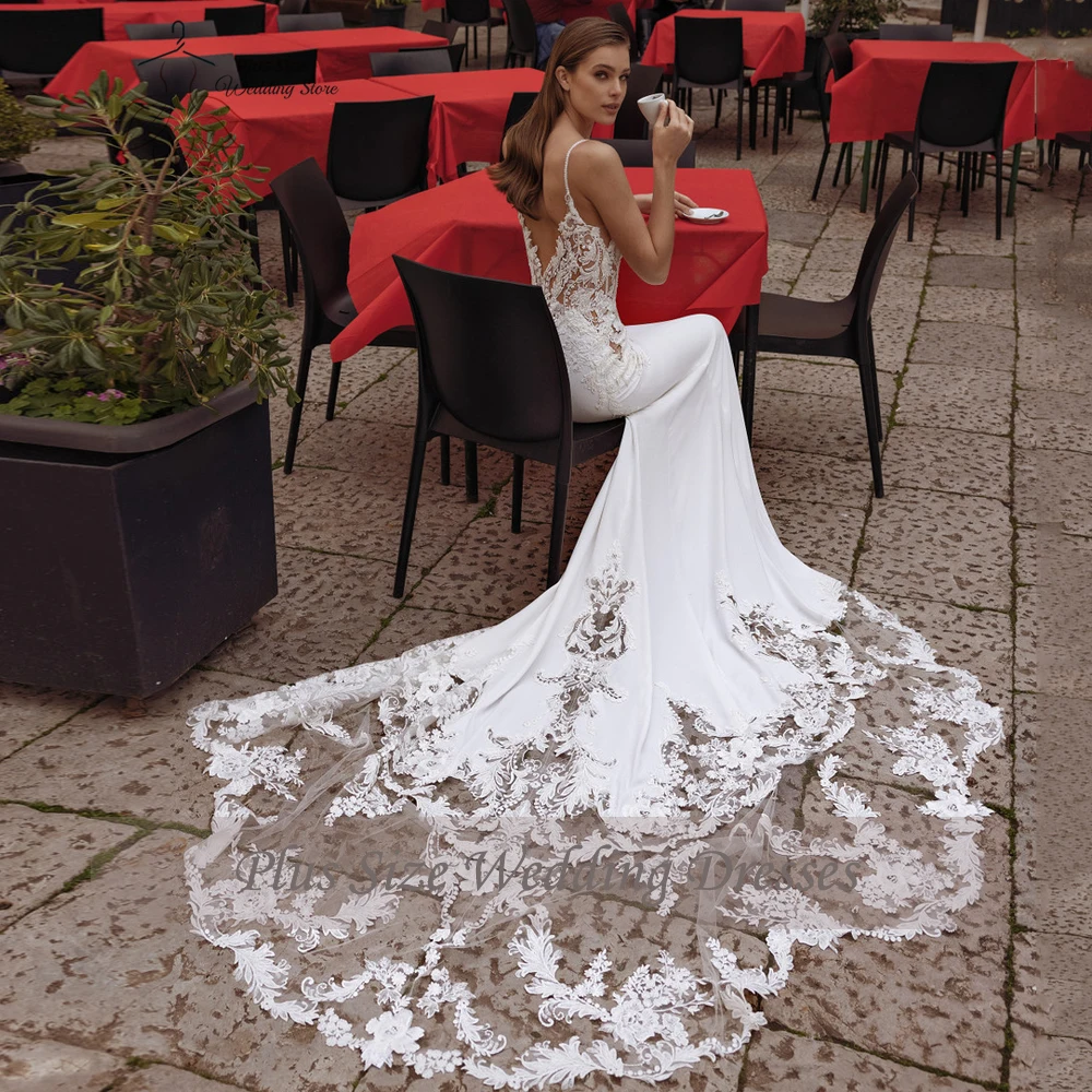 Senza spalline Abiti da sposa Scollo a V Backless Abiti da sposa Applicazioni in pizzo Sweep Train Sirena Vestido De Noiva PSL98004