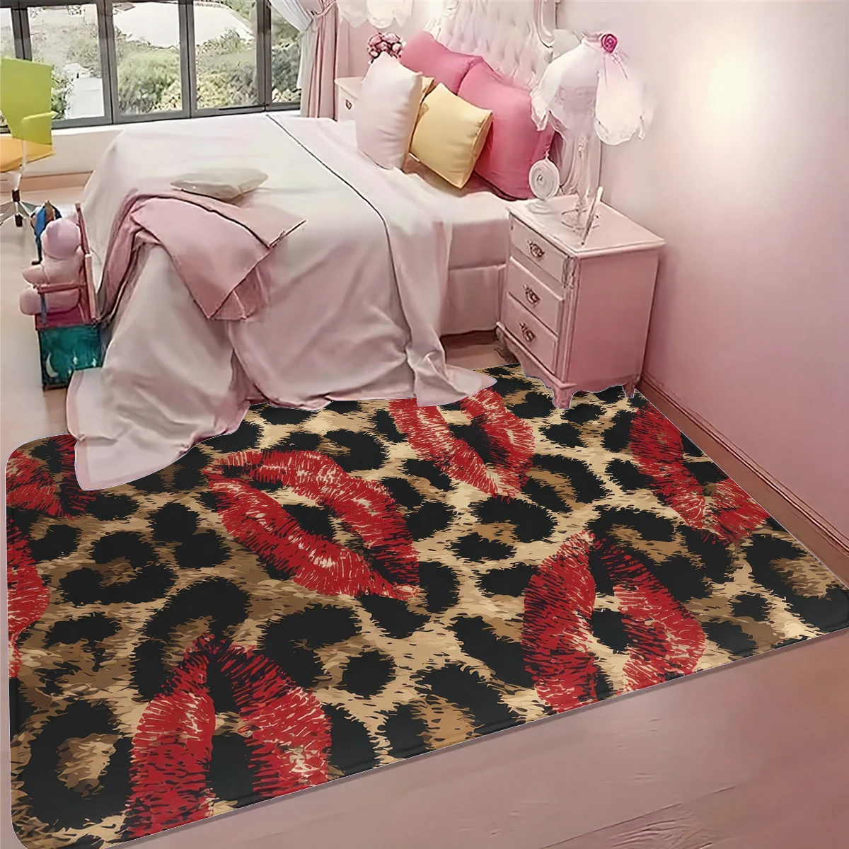 1Pc Retro Hot Girl Leopard Print Floor Mat, Bedroom Bedside Ambiance Carpet, Entryway Non-Slip Mat