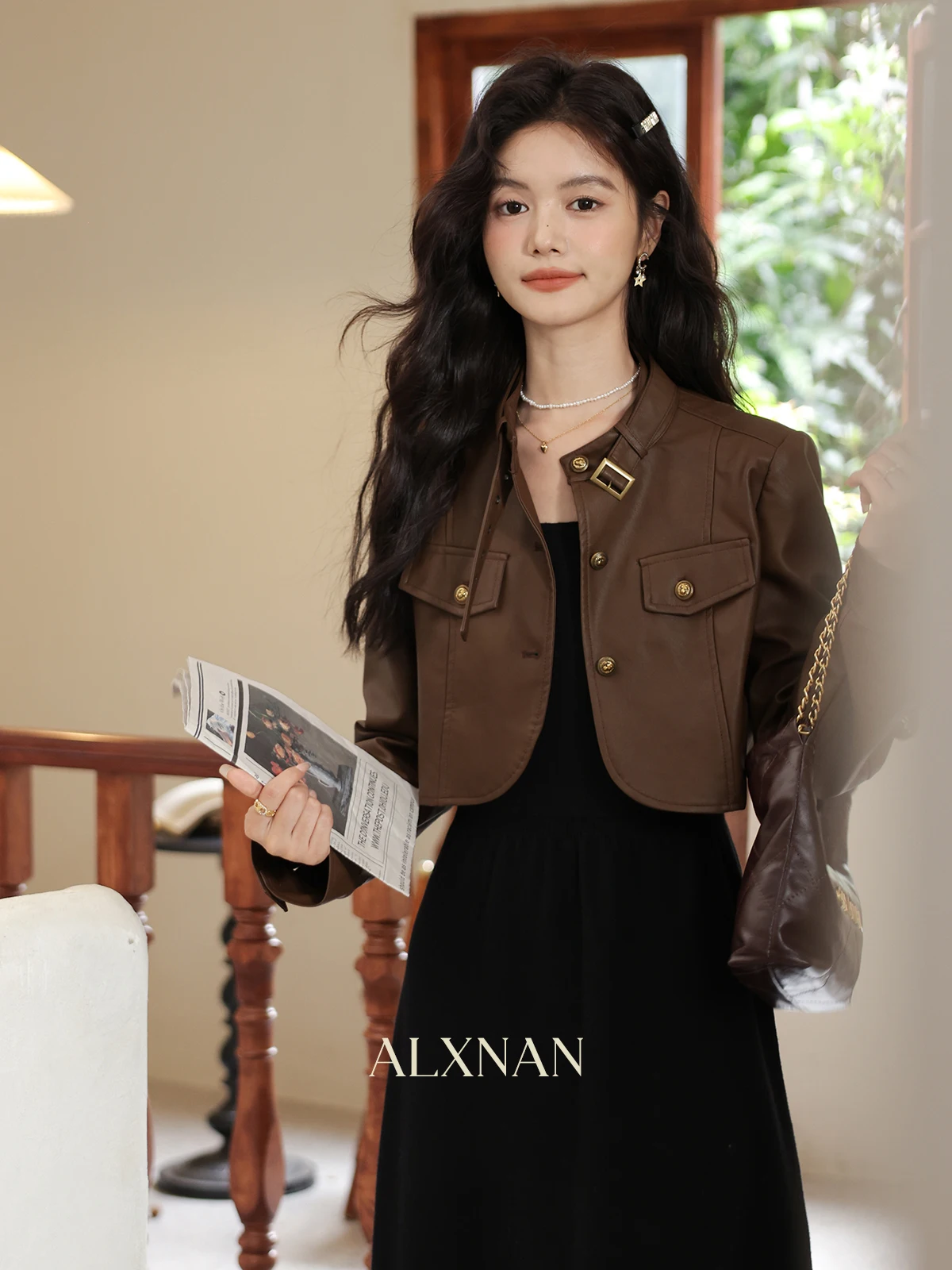 Alxnan casacos de couro marrom feminino curto elegante casual jaquetas de couro 2025 outono inverno manga longa topos feminino lxn32260py