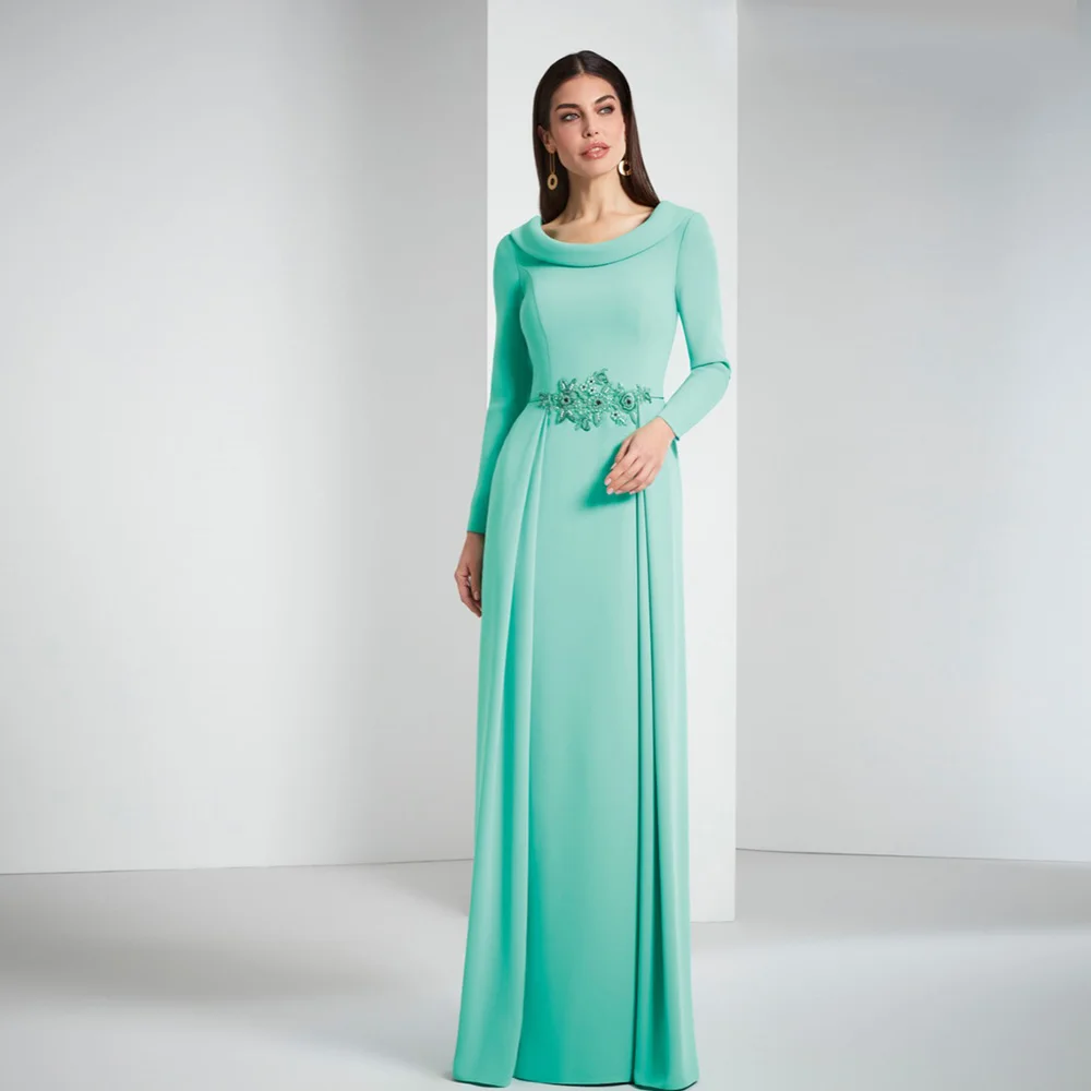 Elegante Sábio Mãe da Noiva Vestidos, O Neck, Manga Comprida, Vestidos de Festa de Casamento, Voltar Split, Apliques Andar de comprimento