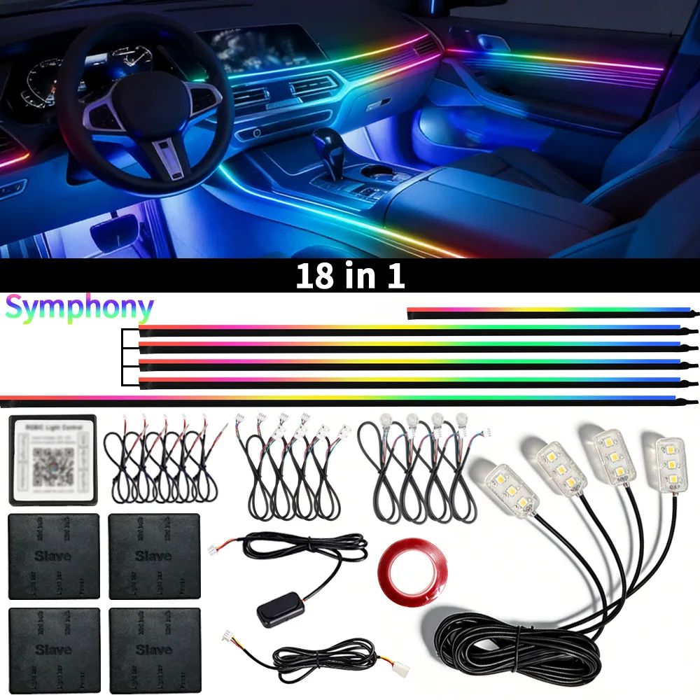 6/10/14/18 in 1 Led Car Ambient Lights RGB 213 64 Color Acrylic Strips Symphony Streamer Interior Atmosphere Lamp Control By App