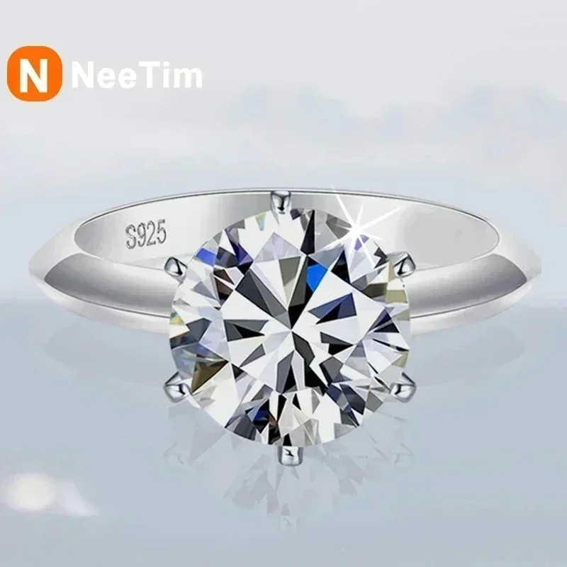 NeeTim 5 Carat Moissanite Ring For Women Sterling Silver Plated White Gold D Color Diamond Engagement Wedding Band Fine Jewelry