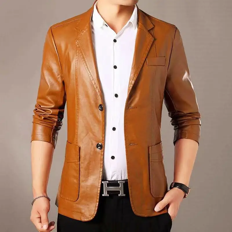 New Leather Suit Men Jacket Spring Autumn Korean Style Suit Collar High-end Casual Middle-aged Jacket Trendy Autumn Winter Thick