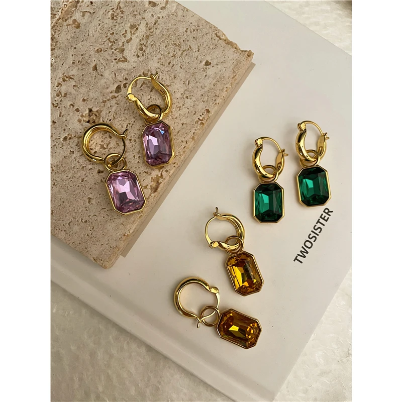 

Brass With 18K Real Gold Retro Colorful Crystal Drop Earrings Women Jewelry Punk Party Gown Runway Korean Japan INS Boho Top